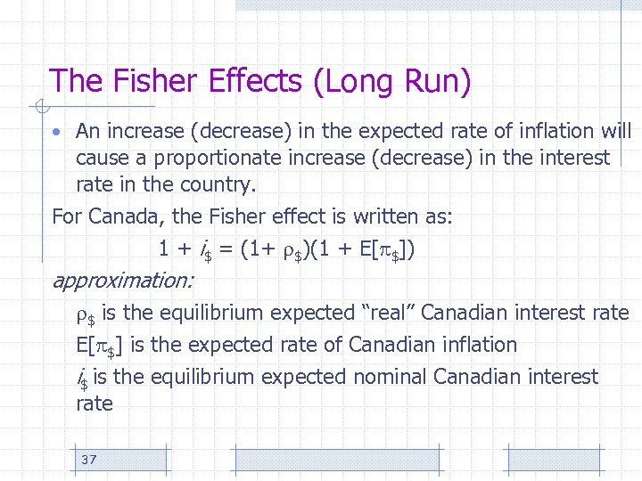 The Fisher Effects (Long Run) • An increase (decrease) in the expected rate of