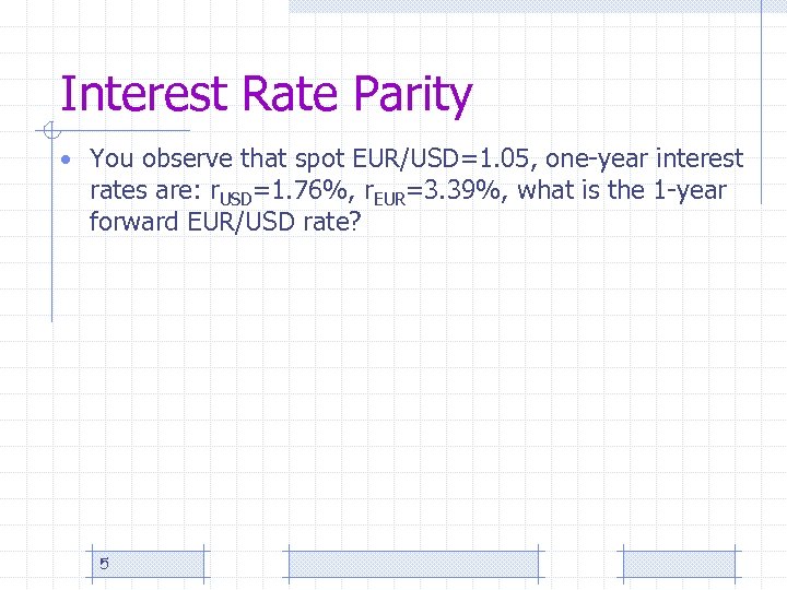 Interest Rate Parity • You observe that spot EUR/USD=1. 05, one-year interest rates are: