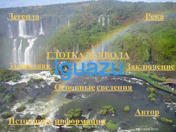 Легенда Река ГЛОТКА ДЬЯВОЛА Заповедник Заключение Iguazu Основные сведения Источники информации МОУ <СОШ №