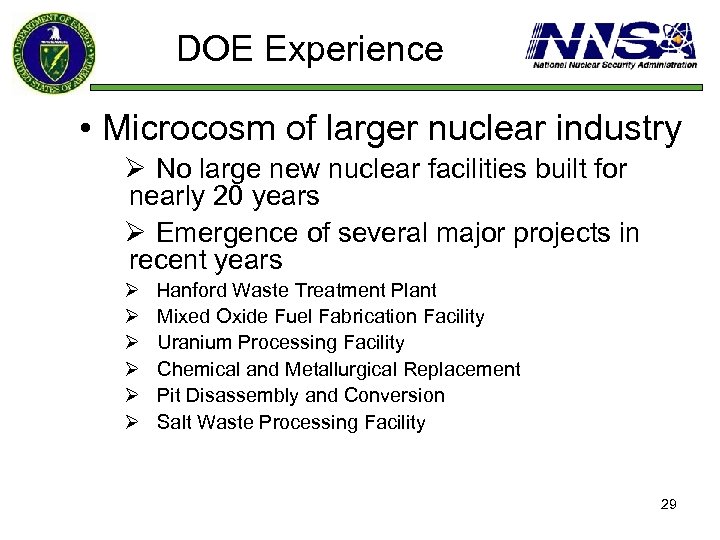 DOE Experience • Microcosm of larger nuclear industry Ø No large new nuclear facilities