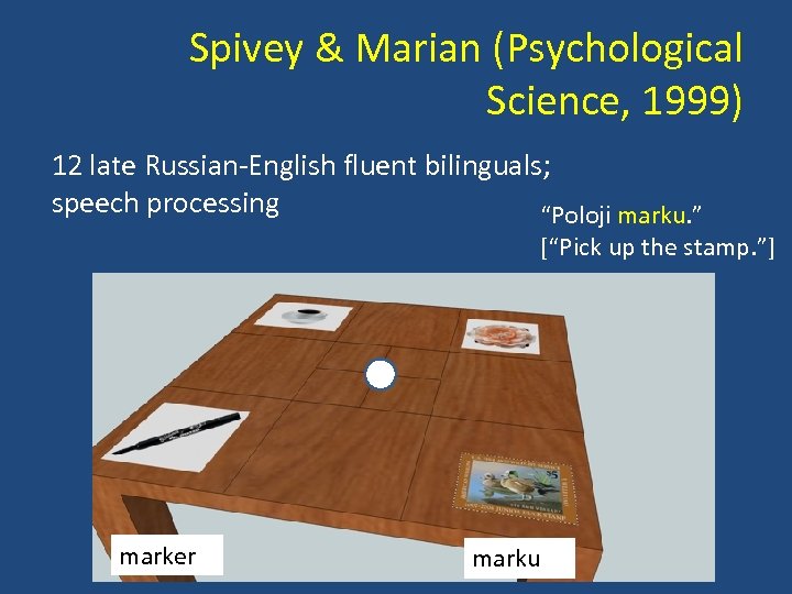 Spivey & Marian (Psychological Science, 1999) 12 late Russian-English fluent bilinguals; speech processing “Poloji