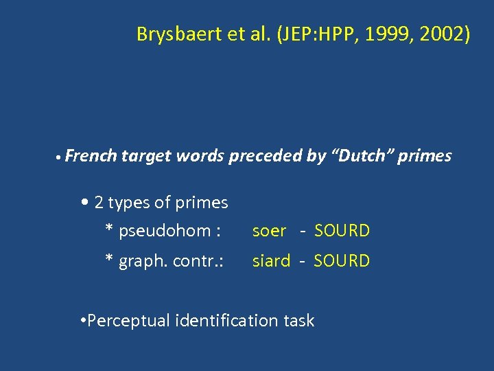Brysbaert et al. (JEP: HPP, 1999, 2002) • French target words preceded by “Dutch”