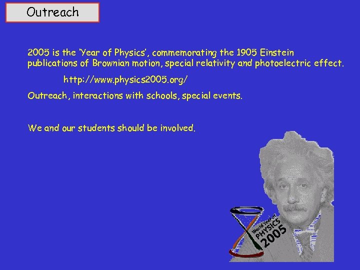 Outreach 2005 is the ‘Year of Physics’, commemorating the 1905 Einstein publications of Brownian