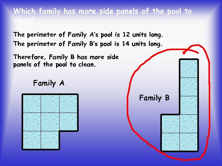 Which family has more side panels of the pool to clean? The perimeter of