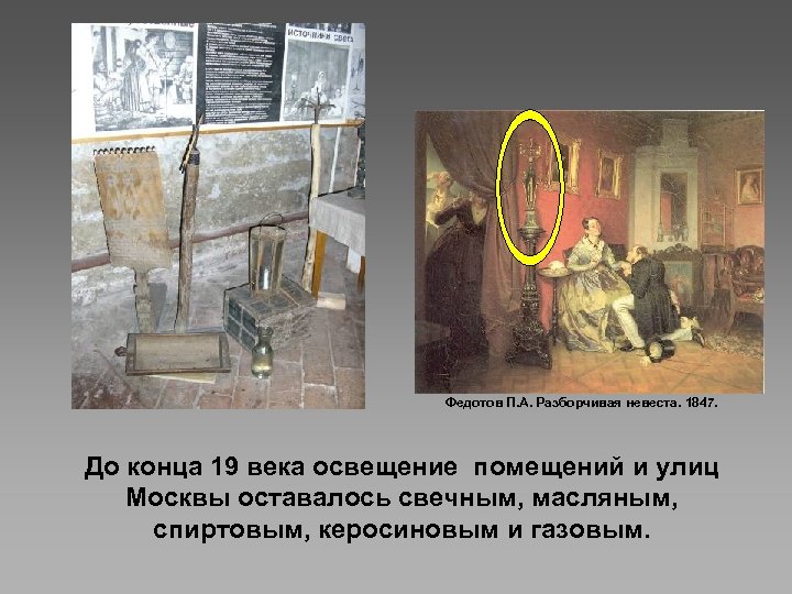 Федотов П. А. Разборчивая невеста. 1847. До конца 19 века освещение помещений и улиц