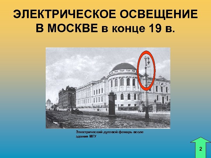 ЭЛЕКТРИЧЕСКОЕ ОСВЕЩЕНИЕ В МОСКВЕ в конце 19 в. Электрический дуговой фонарь возле здания МГУ
