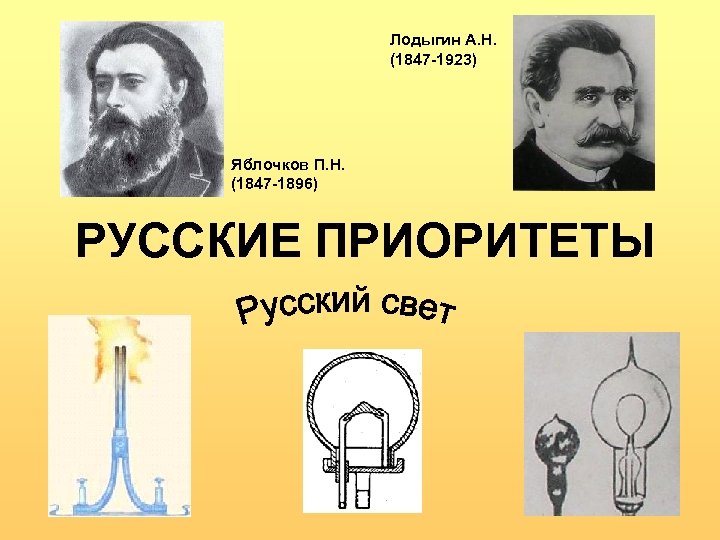 Лодыгин А. Н. (1847 -1923) Яблочков П. Н. (1847 -1896) РУССКИЕ ПРИОРИТЕТЫ 