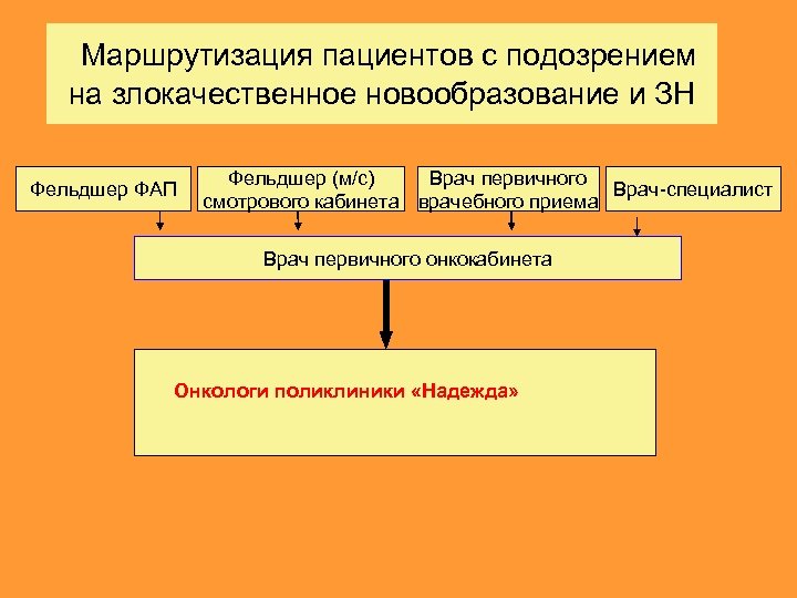 Маршрутизация пациентов с подозрением на злокачественное новообразование и ЗН Фельдшер ФАП Фельдшер (м/с) Врач