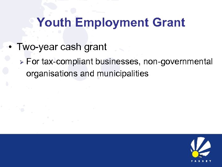 Youth Employment Grant • Two-year cash grant Ø For tax-compliant businesses, non-governmental organisations and