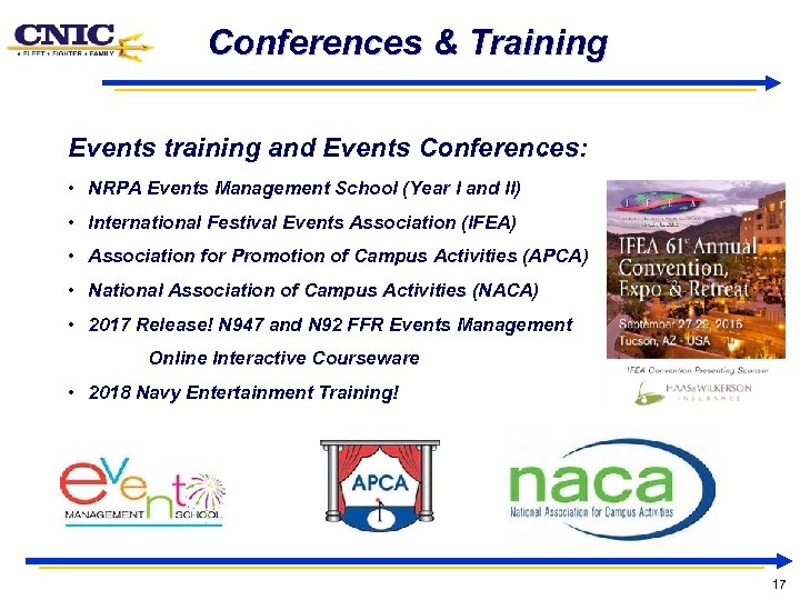 Conferences & Training Events training and Events Conferences: • NRPA Events Management School (Year