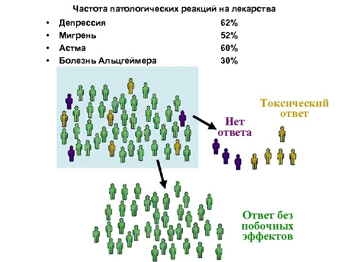Частота патологических реакций на лекарства • • Депрессия Мигрень Астма Болезнь Альцгеймера 62% 52%