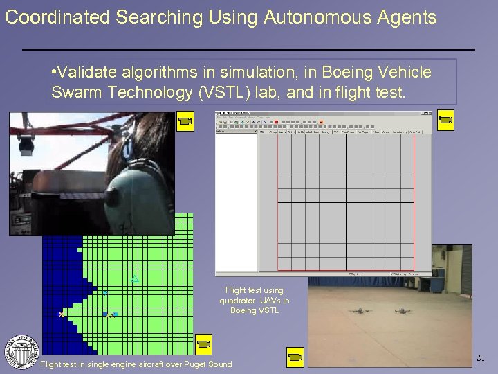 Coordinated Searching Using Autonomous Agents • Validate algorithms in simulation, in Boeing Vehicle Swarm