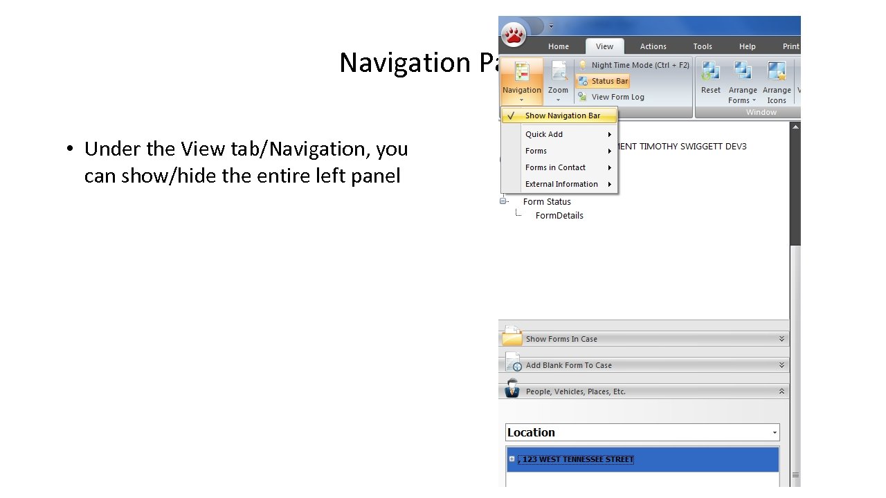 Navigation Panel • Under the View tab/Navigation, you can show/hide the entire left panel