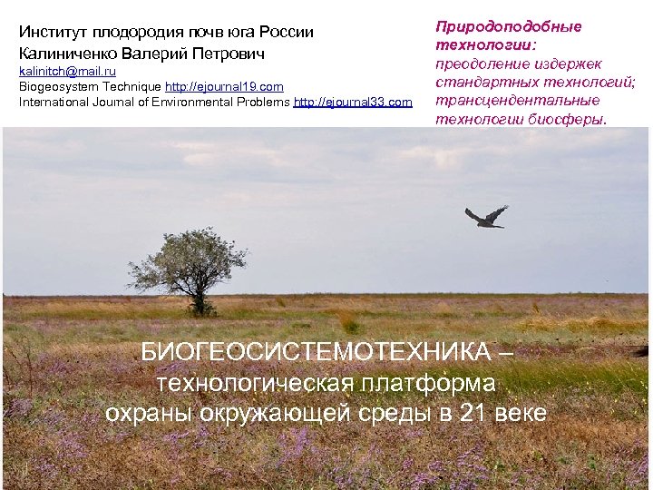Институт плодородия почв юга России Калиниченко Валерий Петрович kalinitch@mail. ru Biogeosystem Technique http: //ejournal