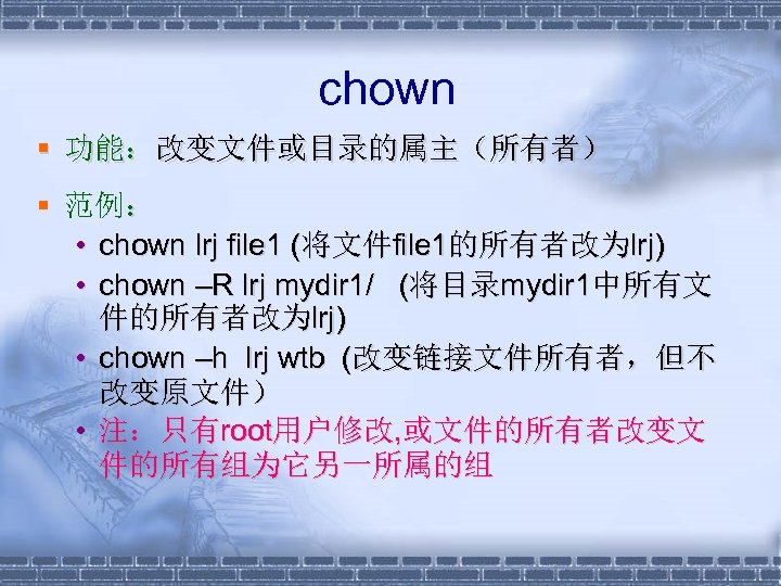 chown § 功能：改变文件或目录的属主（所有者） § 范例： • chown lrj file 1 (将文件file 1的所有者改为lrj) • chown