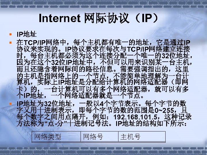 Internet 网际协议（IP） § IP地址 § 在TCP/IP网络中，每个主机都有唯一的地址，它是通过IP 协议来实现的。IP协议要求在每次与TCP/IP网络建立连接 时，每台主机都必须为这个连接分配一个唯一的32位地址， 因为在这个 32位IP地址中，不但可以用来识别某一台主机， 而且还隐含着网际间的路径信息。需要强调指出的，这里 的主机是指网络上的一个节点，不能简单地理解为一台计 算机，实际上IP地址是分配给计算机的网络适配器（即网 卡）的，一台计算机可以有多个网络适配器，就可以有多