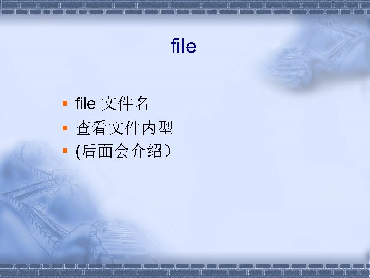 file § file 文件名 § 查看文件内型 § (后面会介绍） 