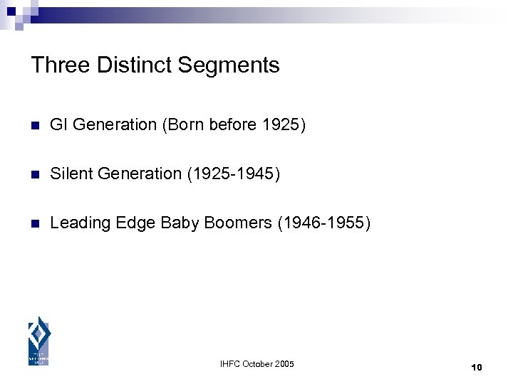 Three Distinct Segments n GI Generation (Born before 1925) n Silent Generation (1925 -1945)