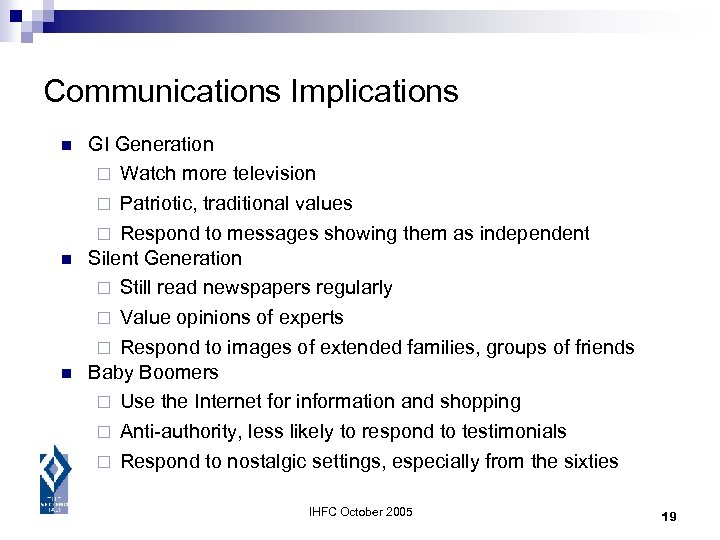 Communications Implications n n n GI Generation ¨ Watch more television ¨ Patriotic, traditional