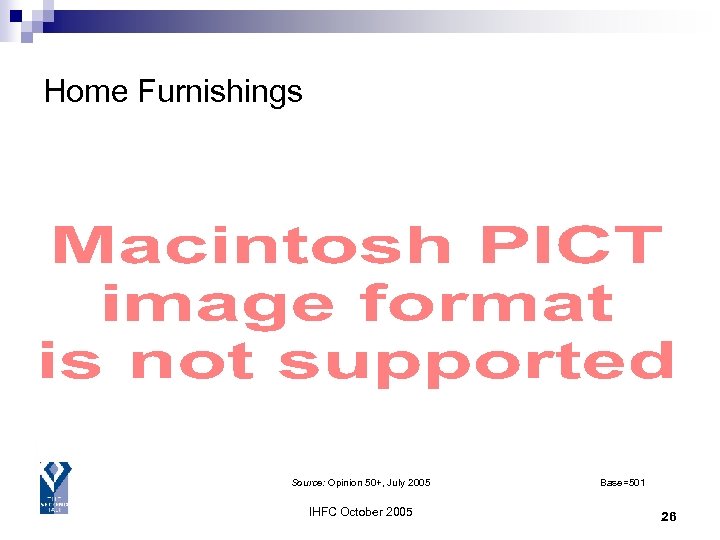 Home Furnishings Source: Opinion 50+, July 2005 IHFC October 2005 Base=501 26 