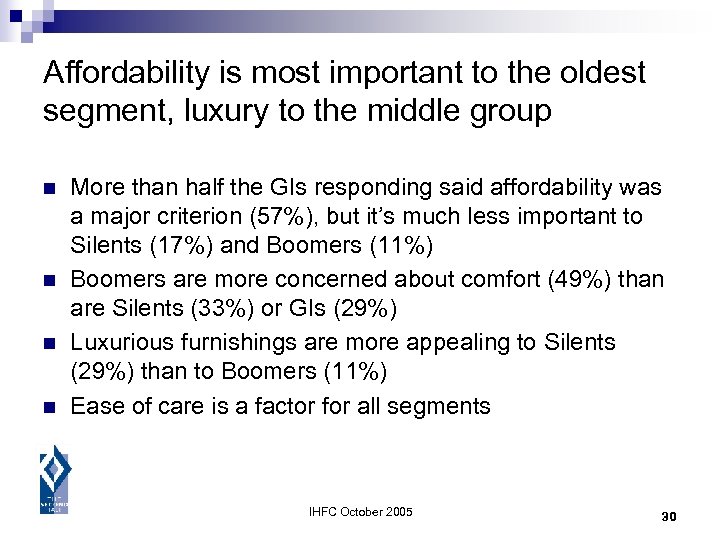 Affordability is most important to the oldest segment, luxury to the middle group n