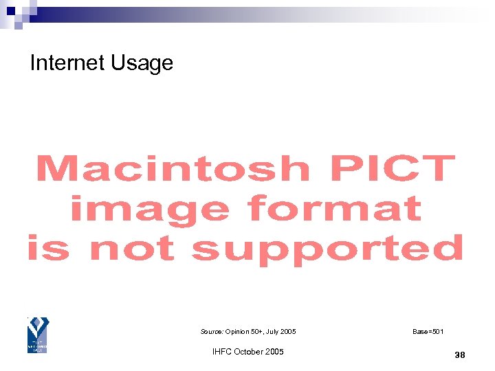 Internet Usage Source: Opinion 50+, July 2005 IHFC October 2005 Base=501 38 