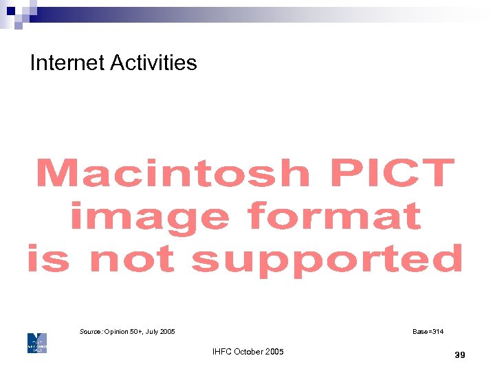Internet Activities Source: Opinion 50+, July 2005 Base=314 IHFC October 2005 39 