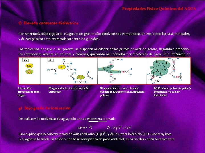 Propiedades Físico Químicas del AGUA f) Elevada constante dieléctrica Por tener moléculas dipolares, el