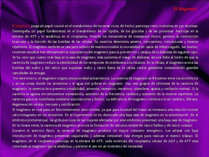 El Magnesio El magnesio juega un papel crucial en el metabolismo de los seres