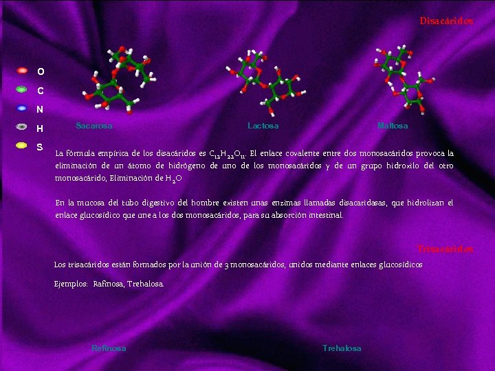 Disacáridos O C N H S Sacarosa Lactosa Maltosa La fórmula empírica de los