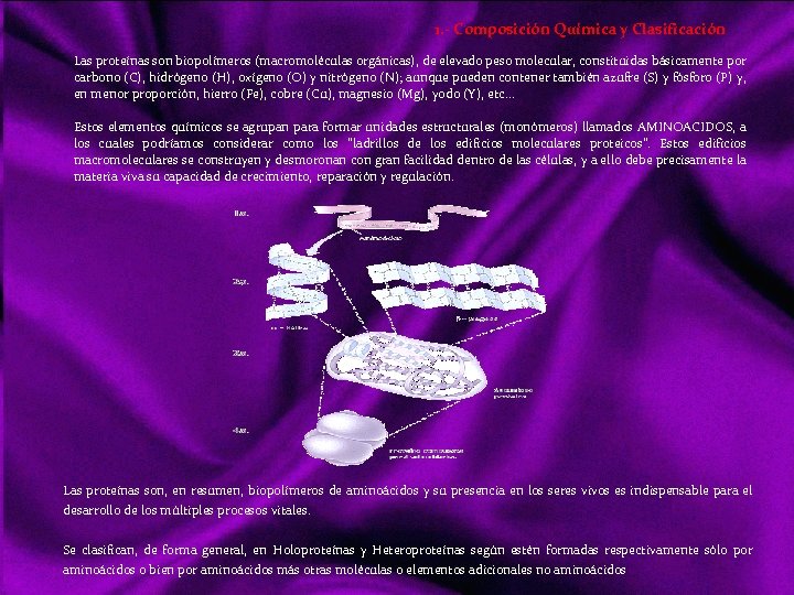 1. - Composición Química y Clasificación Las proteínas son biopolímeros (macromoléculas orgánicas), de elevado