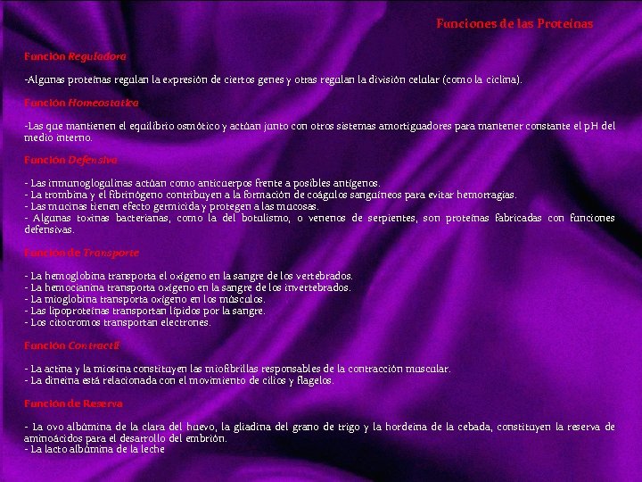 Funciones de las Proteínas Función Reguladora Algunas proteínas regulan la expresión de ciertos genes