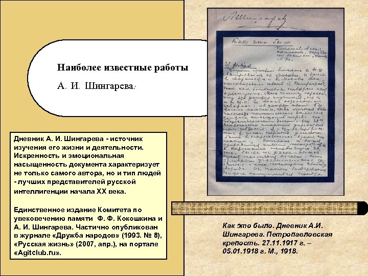 Наиболее известные работы А. И. Шингарева: Дневник А. И. Шингарева - источник изучения его
