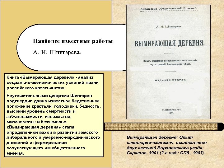 Наиболее известные работы А. И. Шингарева: Книга «Вымирающая деревня» - анализ социально-экономических условий жизни