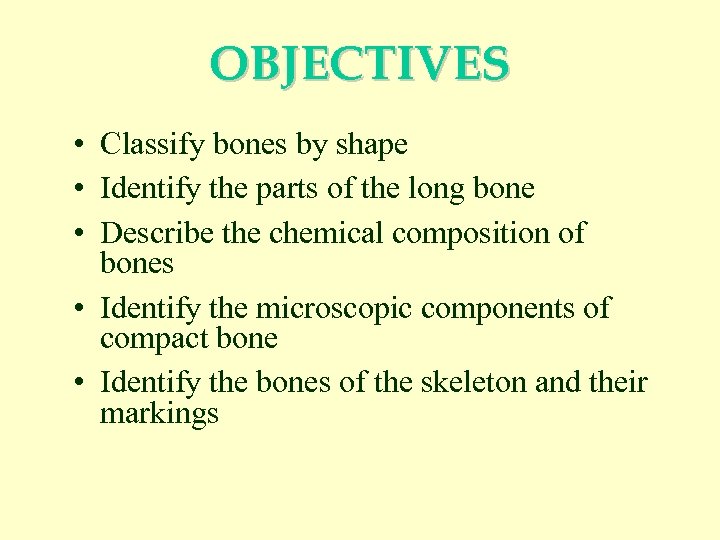 OBJECTIVES • Classify bones by shape • Identify the parts of the long bone