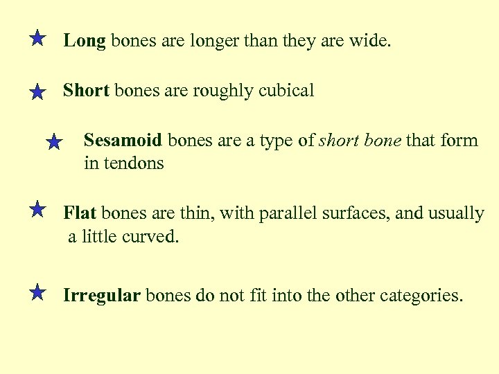 Long bones are longer than they are wide. Short bones are roughly cubical Sesamoid