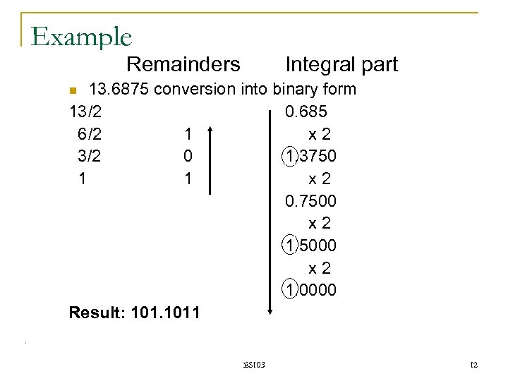 Example Remainders Integral part 13. 6875 conversion into binary form 13/2 0. 685 6/2