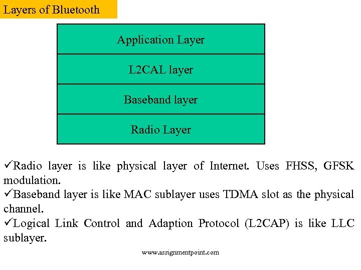 Layers of Bluetooth Application Layer L 2 CAL layer Baseband layer Radio Layer üRadio