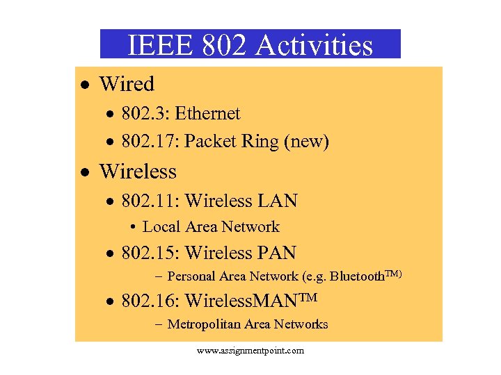 IEEE 802 Activities · Wired · 802. 3: Ethernet · 802. 17: Packet Ring