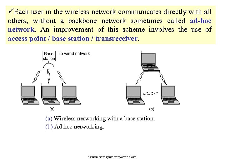 üEach user in the wireless network communicates directly with all others, without a backbone