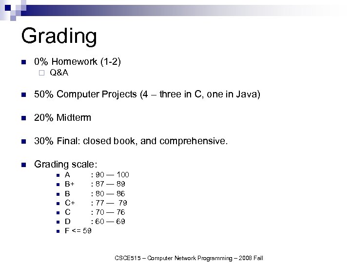 Grading n 0% Homework (1 -2) ¨ Q&A n 50% Computer Projects (4 –