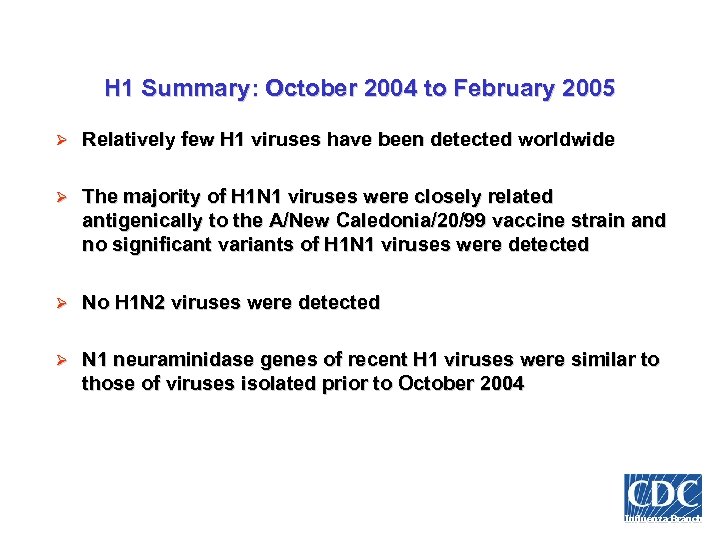 H 1 Summary: October 2004 to February 2005 Ø Relatively few H 1 viruses