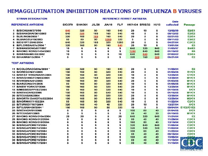 HEMAGGLUTINATION INHIBITION REACTIONS OF INFLUENZA B VIRUSES Influenza Branch 