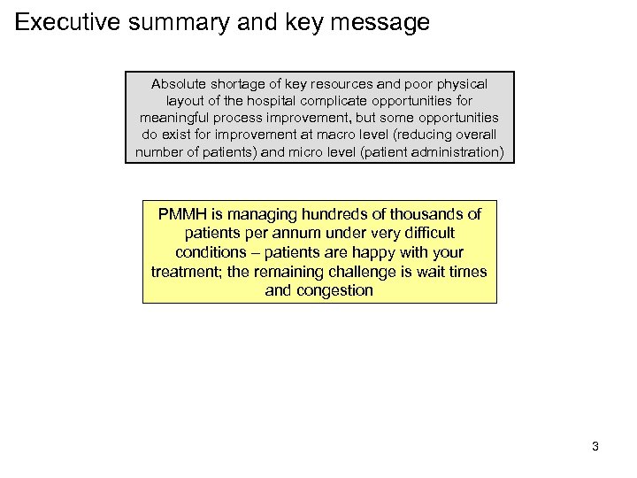 Executive summary and key message Absolute shortage of key resources and poor physical layout