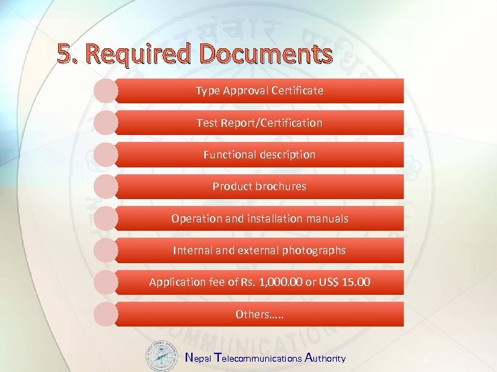 5. Required Documents Type Approval Certificate Test Report/Certification Functional description Product brochures Operation and