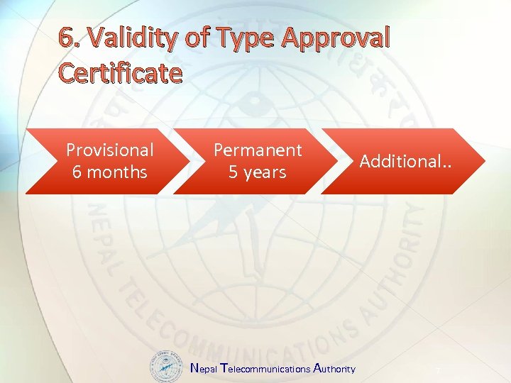 6. Validity of Type Approval Certificate Provisional 6 months Permanent 5 years Nepal Telecommunications
