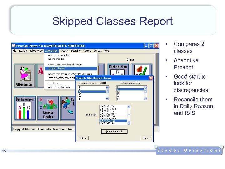 Skipped Classes Report • • Absent vs. Present • Good start to look for