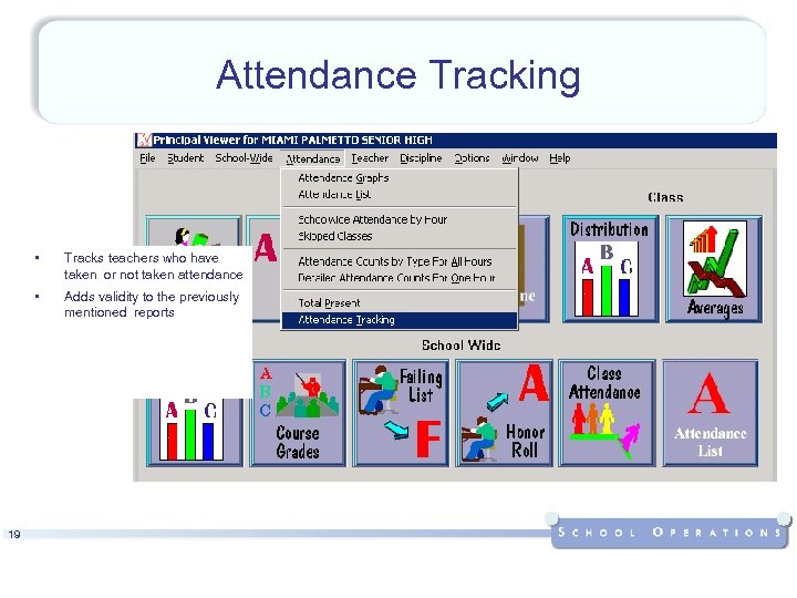 Attendance Tracking • • 19 Tracks teachers who have taken or not taken attendance
