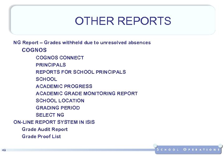 OTHER REPORTS NG Report – Grades withheld due to unresolved absences COGNOS CONNECT PRINCIPALS