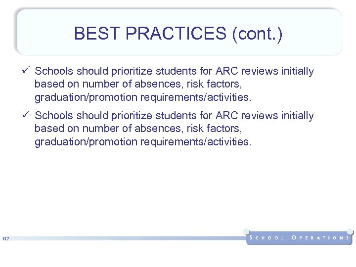 BEST PRACTICES (cont. ) ü Schools should prioritize students for ARC reviews initially based